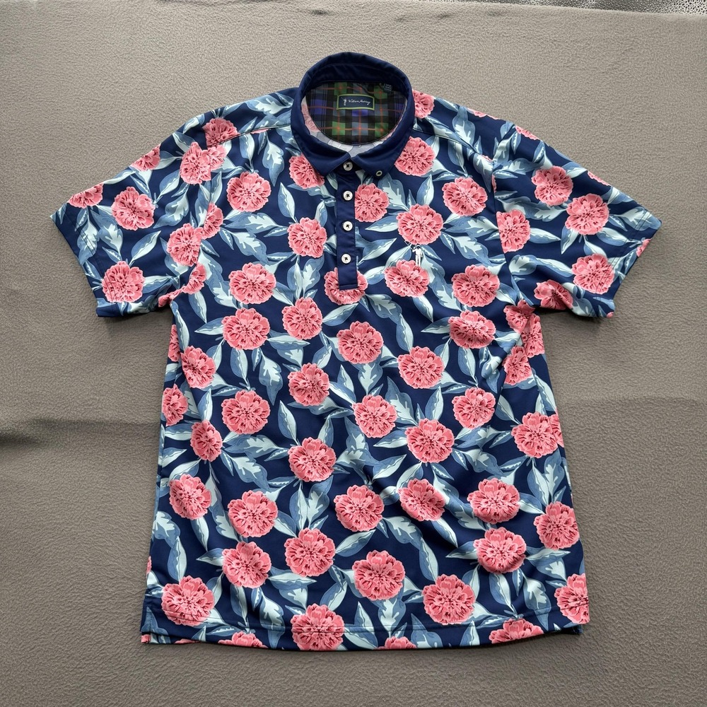 William Murray Polo Shirt Mens Large Blue Pink Floral Golf Performance Stretch